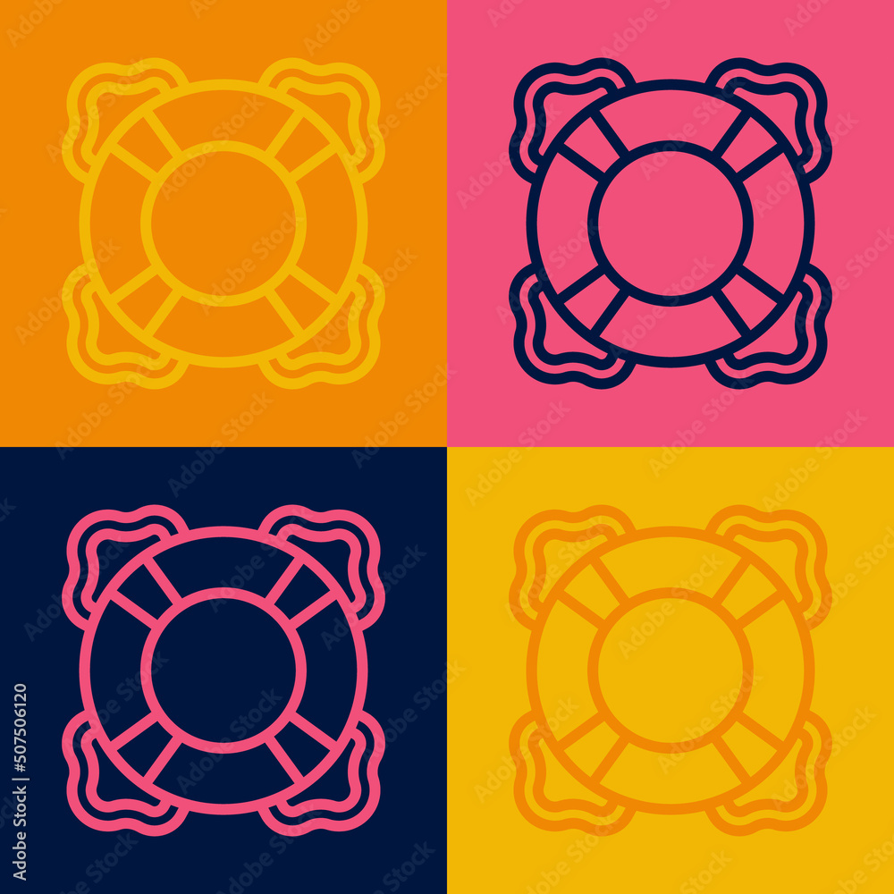 Fototapeta premium Pop art line Lifebuoy icon isolated on color background. Lifebelt symbol. Vector