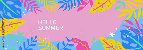 Summer holidays background with tropical leaves. Template for social media banner, poster, greeting card or website design