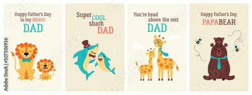 Happy Father's day greeting card set with cute animals. Childish print for cards and stickers decoration © girafchik