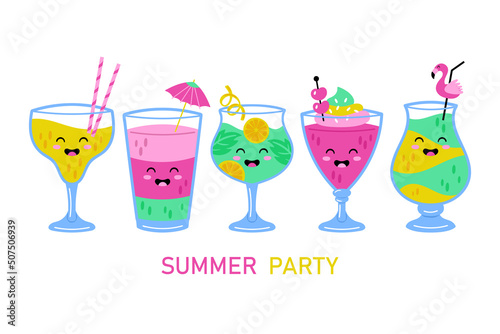 Cute funny summer drinks set. Childish print for stickers, banner or greeting card design