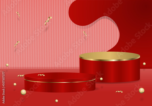 Red 3d podium for product placement. Modern red and gold round podium with geometric background. Vector illustration