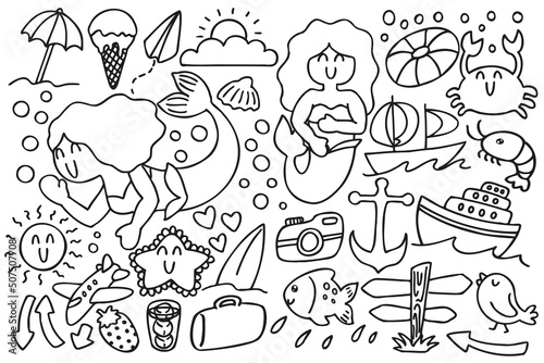 Set of cute summer doodles with mermaid