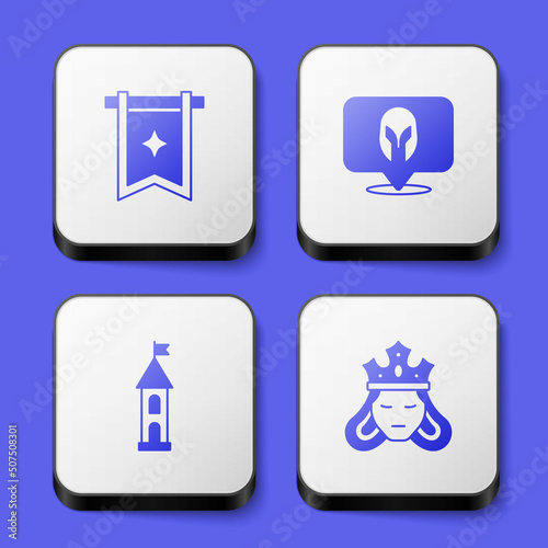 Set Medieval flag  helmet  Castle tower and Princess or queen icon. White square button. Vector