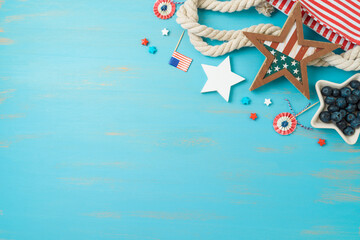 Summer Independence Day picnic concept with decorations and beach bag. 4th of July background.  Top view, flat lay