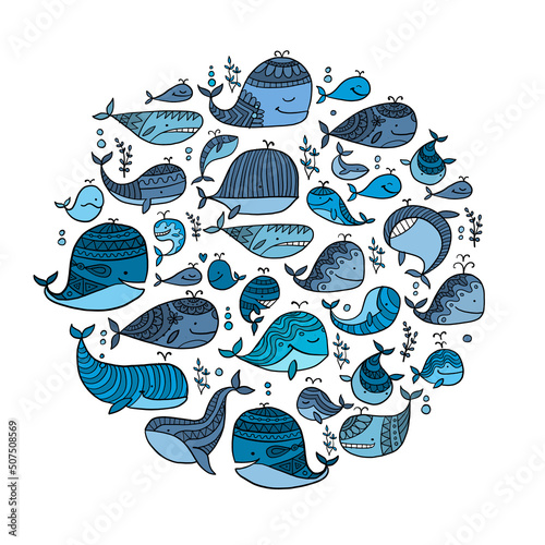 Wild whales. Childish style circle frame for your design