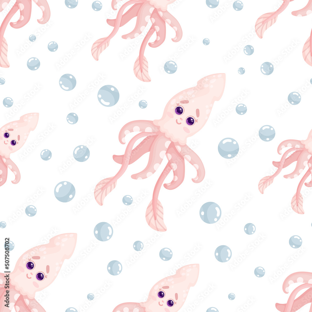 Seamless pattern with cute squids.Cartoon vector graphics. Seamless pattern with cute squids.Cartoon vector graphics.
