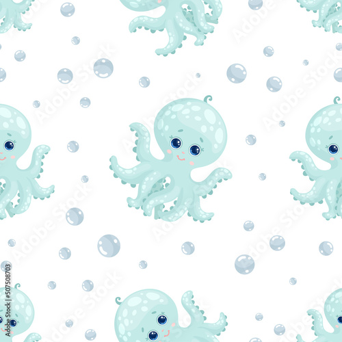 Seamless pattern with cute octopuses .Cartoon vector graphics.