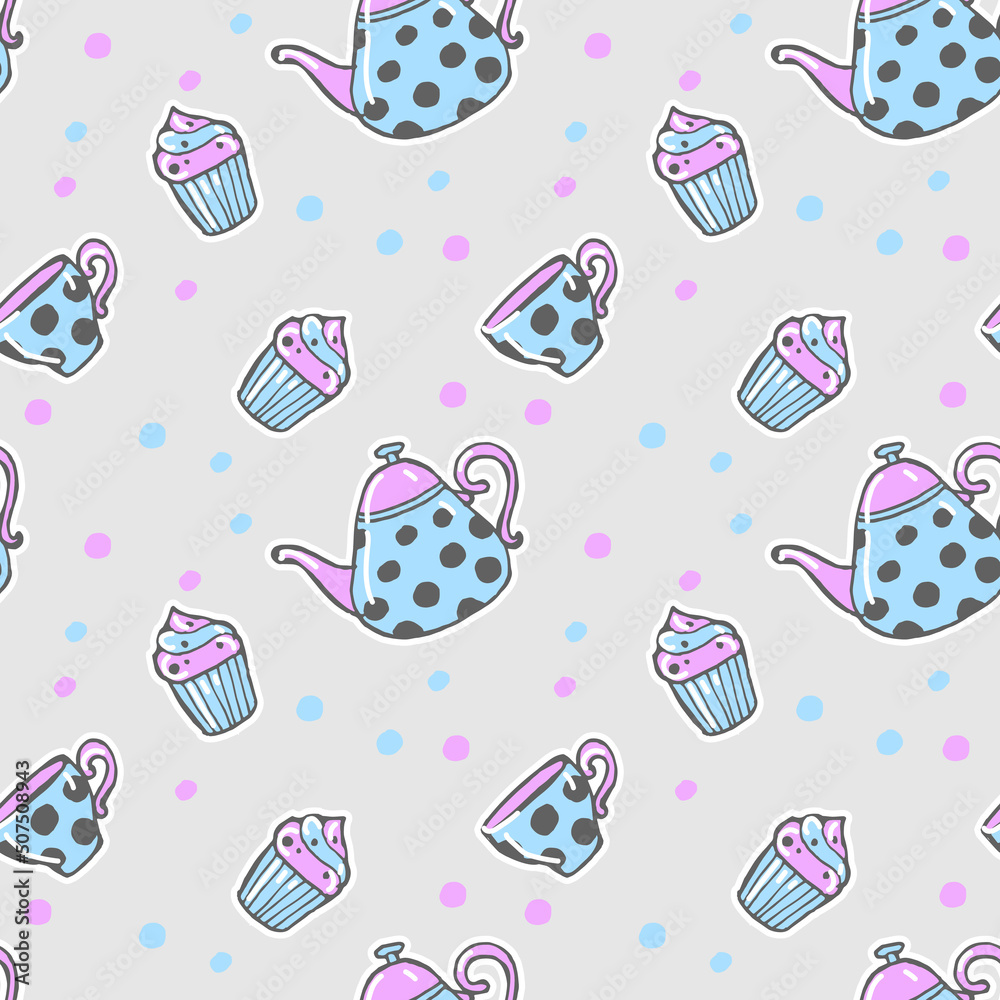 seamless pattern with teapots, cups and desserts seamless pattern with teapots, cups and desserts