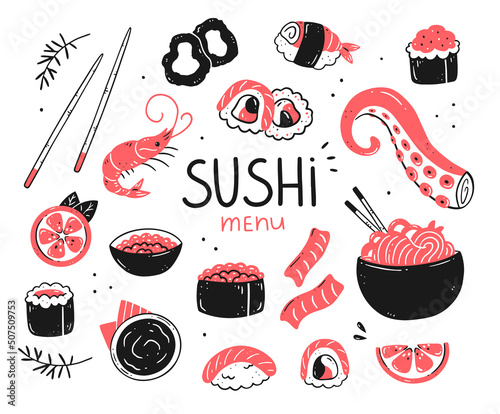Set with sushi and rolls in doodle style. Japanese food. Collection of objects. Vector isolated food illustration.