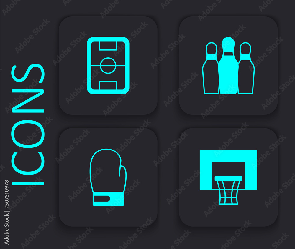 Set Basketball backboard, Football field, Bowling pin and Boxing glove icon. Black square button. Vector