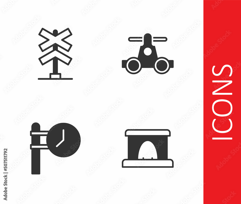 Set Railway tunnel, Railroad crossing, Train station clock and Handcar transportation icon. Vector Set Railway tunnel, Railroad crossing, Train station clock and Handcar transportation icon. Vector