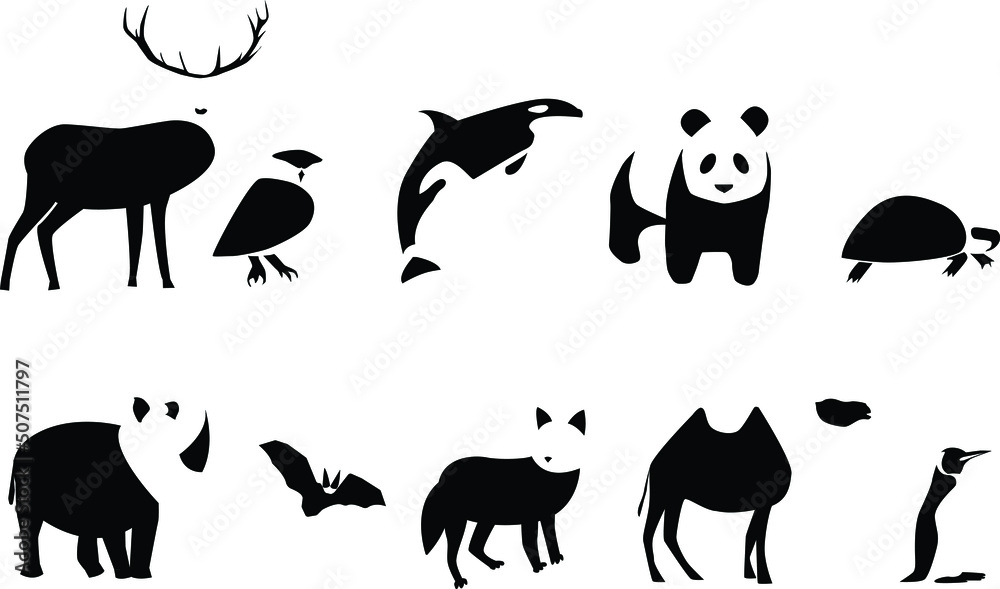 Vector animal silhouettes on isolated white background. Icons set.