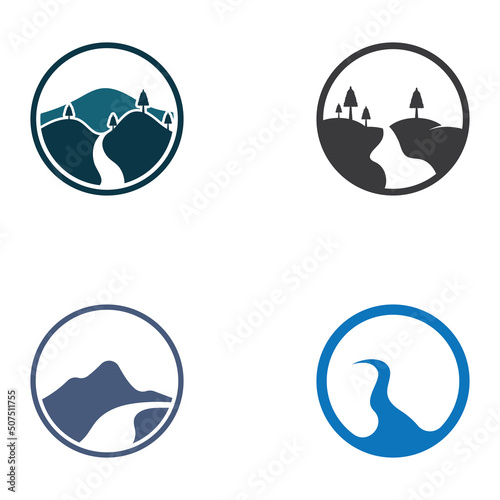 Logos of rivers  creeks  riverbanks and streams. River logo with combination of mountains and farmland with concept design vector illustration template.