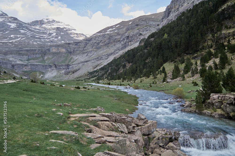 Foto de Río arazas de aguas cristalinas fluyendo junto a verdes bosques
