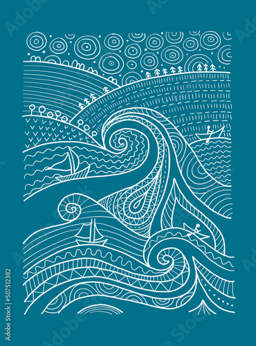 Marine Landscape Background. Art Picture ethnic ornament, water element for your design, interior, poster etc