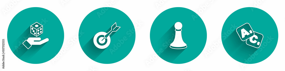Set Game dice, Classic dart board and arrow, Chess pawn and Bingo icon with long shadow. Vector Set Game dice, Classic dart board and arrow, Chess pawn and Bingo icon with long shadow. Vector