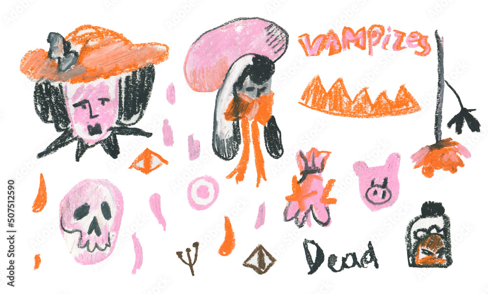 A set of Halloween illustrations drawn with wax crayons on a white isolated background.A collection of images for All Saints' Day in oil pastel doodle style in pink,orange,black.Designs for stickers. A set of Halloween illustrations drawn with wax crayons on a white isolated background.A collection of images for All Saints' Day in oil pastel doodle style in pink,orange,black.Designs for stickers.