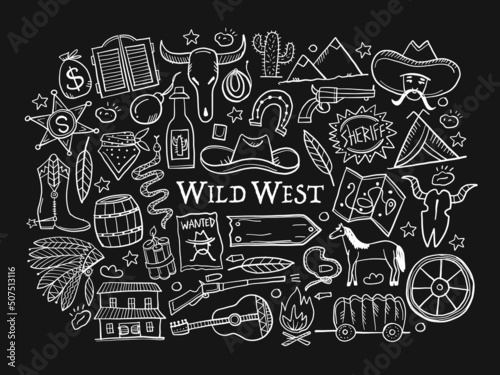 Wild Western. Adventure Background. Icons collection for your design