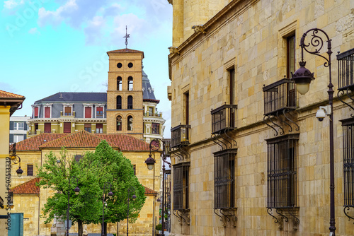 Old buildings with Romanesque church in the background in the medieval town of Leon  Spain.