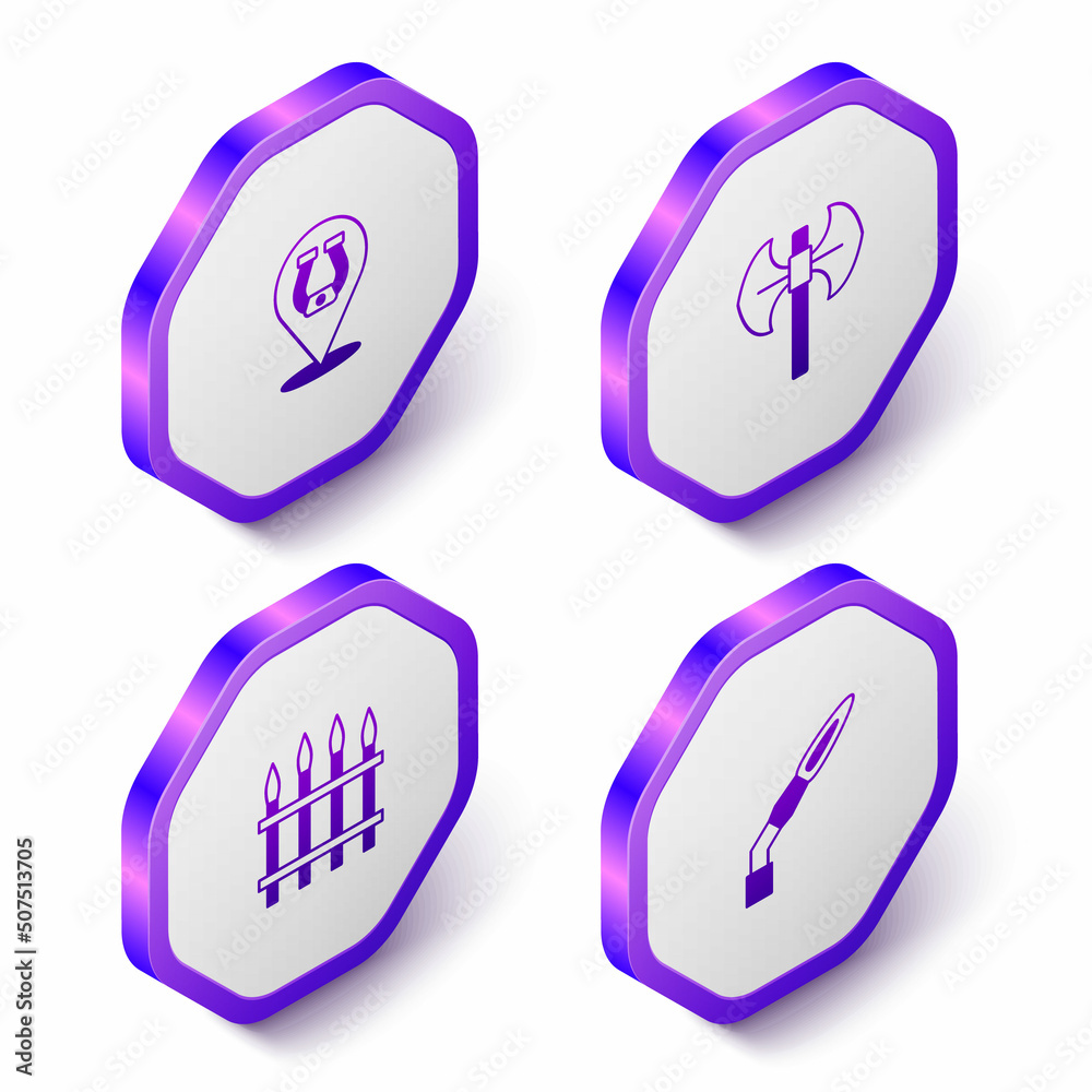 Set Isometric Horseshoe, Medieval poleaxe, Classic iron fence and Welding torch icon. Purple hexagon button. Vector Set Isometric Horseshoe, Medieval poleaxe, Classic iron fence and Welding torch icon. Purple hexagon button. Vector