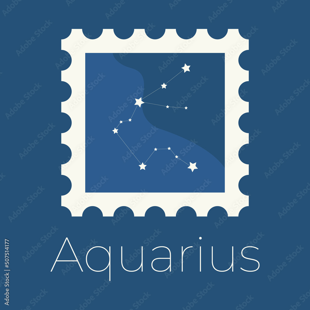 Cartoon vector postage stamp with Zodiac Aquarius illustration Zodiac constellation