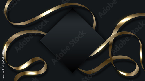 3D golden ribbon curly shape elements with black square badge on dark background luxury style