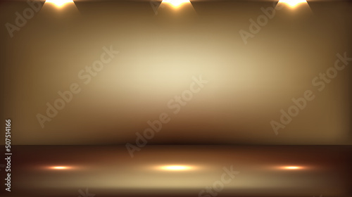 3D empty elegant golden studio room background with spotlight on stage background
