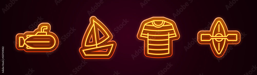 Set line Submarine, Yacht sailboat, Striped sailor t-shirt and Kayak and paddle. Glowing neon icon. Vector Set line Submarine, Yacht sailboat, Striped sailor t-shirt and Kayak and paddle. Glowing neon icon. Vector