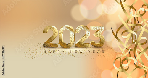 2023 happy new year with 3D gold number background. Luxury 2023 new year
