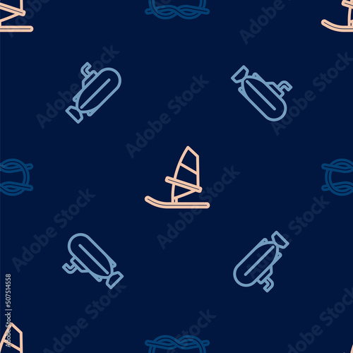 Set line Nautical rope knots, Submarine and Windsurfing on seamless pattern. Vector