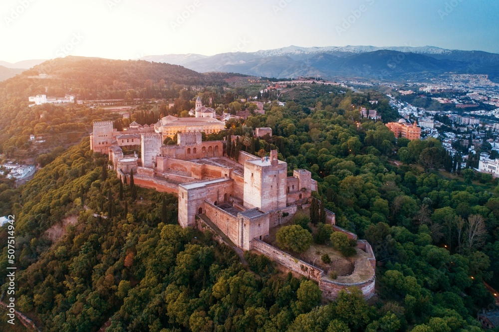 Granada Alhambra aerial view sunrise