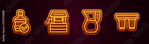 Set line Big bottle with clean water, Well, Jug glass and Water filter cartridge. Glowing neon icon. Vector