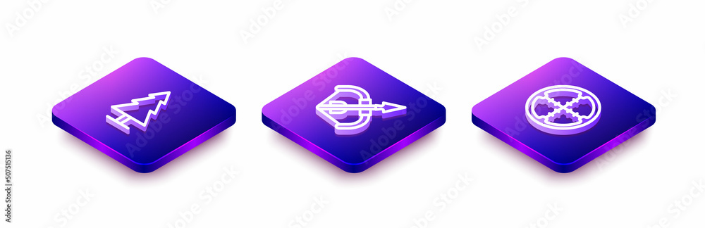 Set Isometric line Tree, Medieval bow and arrow and Sniper optical sight icon. Vector Set Isometric line Tree, Medieval bow and arrow and Sniper optical sight icon. Vector