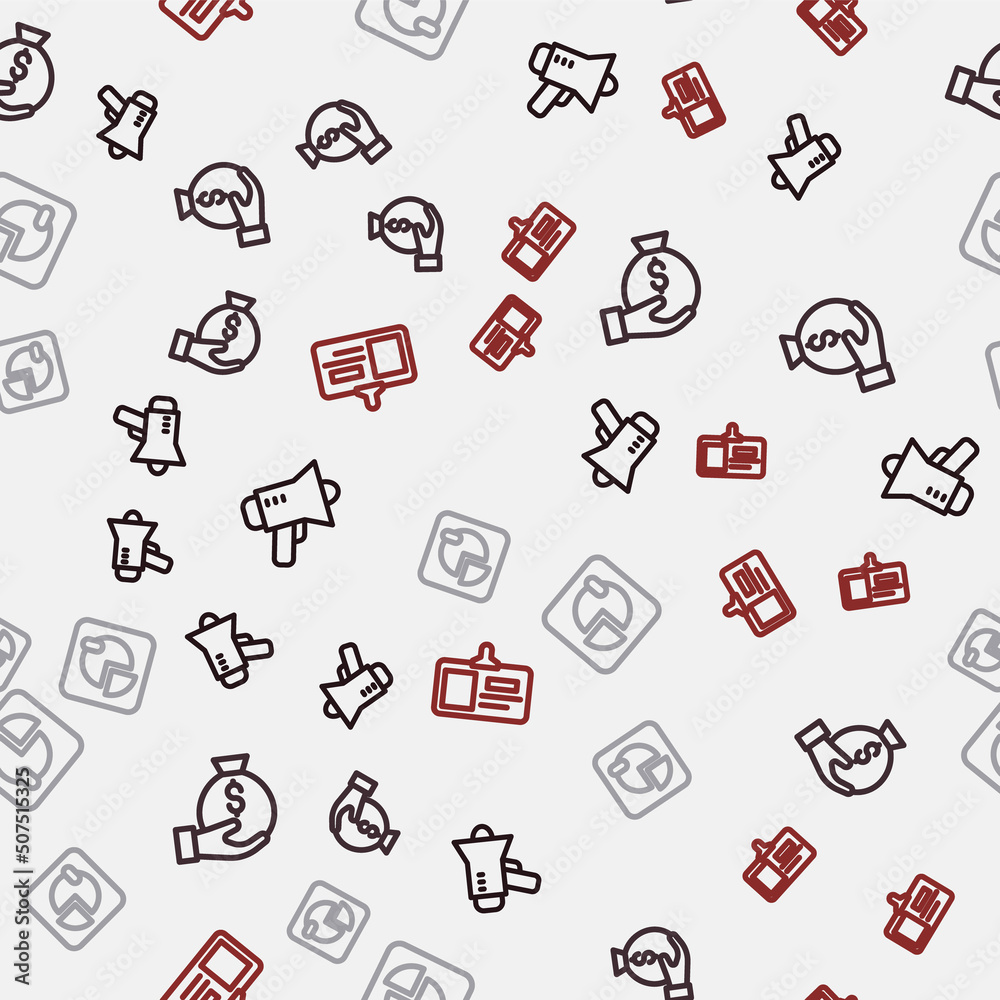 Set line Megaphone, Money bag, Pie chart infographic and Identification badge on seamless pattern. Vector