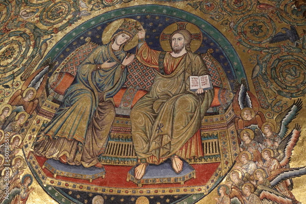 Historic Apse Mosaic Close Up Depicting the Holy Virgin and Christ in Rome, Italy