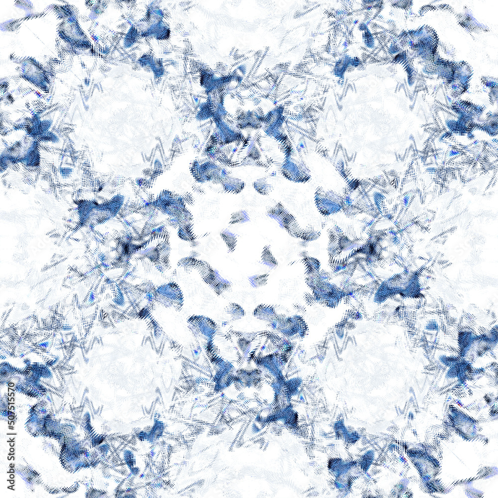 Seamless blue pattern on a white background. Kaleidoscope element. Doodle flower with wave design. Seamless blue pattern on a white background. Kaleidoscope element. Doodle flower with wave design.