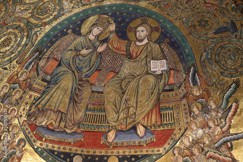Historic Apse Mosaic Close Up Depicting the Holy Virgin and Christ in Rome  Italy