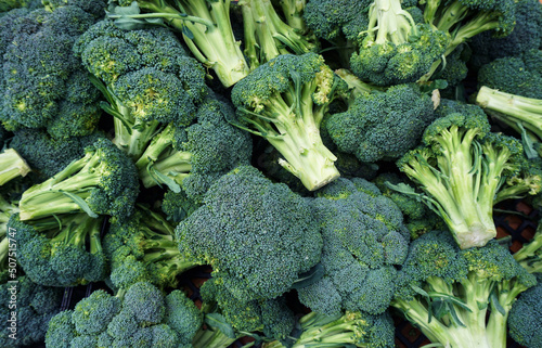 Vivid green organic broccoli crowns fill a display at an outdoor farmers market with the promise of healthy, natural food