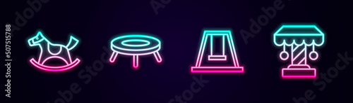 Set line Horse in saddle swing, Jumping trampoline, Swing for kids and Attraction carousel. Glowing neon icon. Vector