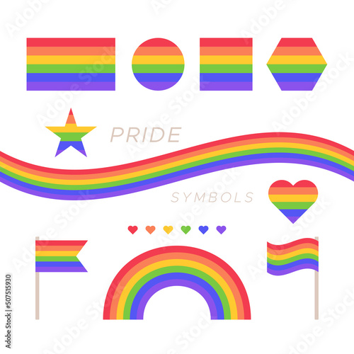 LGBTQ icon set. Pride rainbow symbols. Flags, sticker, arch and geometrical forms. Gay Pride Month. Vector illustration, flat design