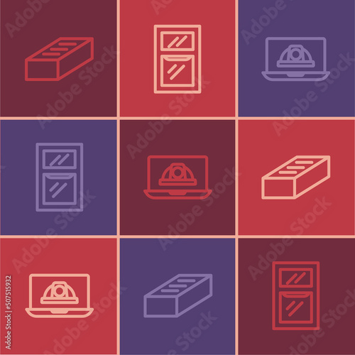 Set line Brick, Worker safety helmet and Window in room icon. Vector