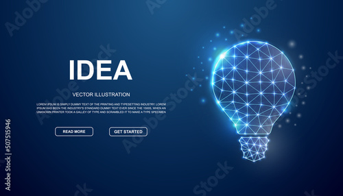 Light bulb 3d low poly symbol with connected dots for blue landing page. Inspiration design illustration concept. Polygonal Innovation illustration