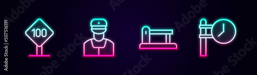 Set line Speed limit traffic sign 100 km, Train conductor, Railway barrier and station clock. Glowing neon icon. Vector
