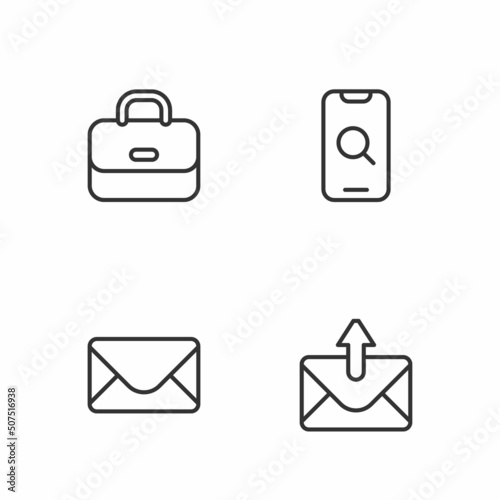 Set line Mail and e-mail, Briefcase and Magnifying glass mobile icon. Vector