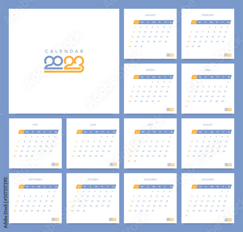 Calendar 2023 with minimalist design style. 2023 calendar design template
