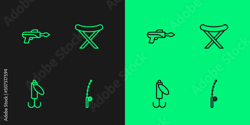 Set line Fishing rod, lure, harpoon and Camping folding chair icon. Vector