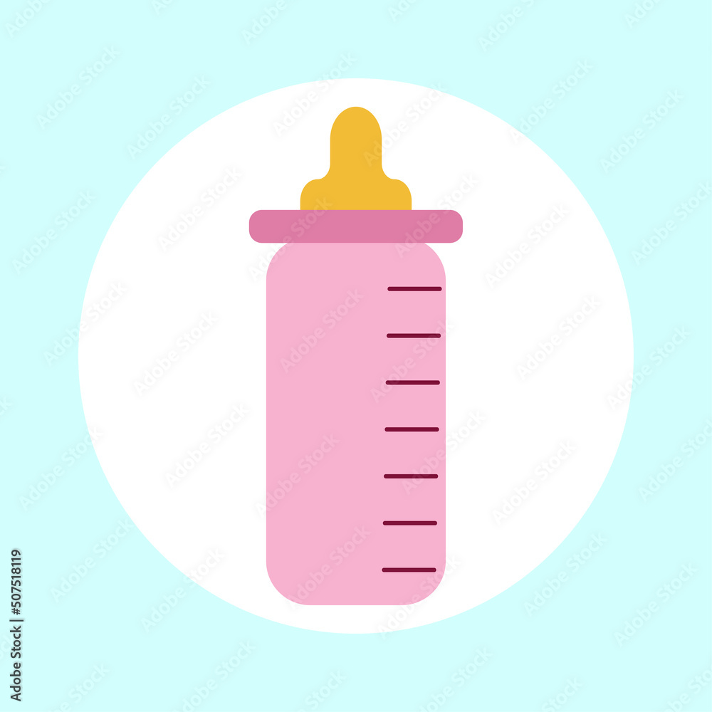 Vector illustration of a baby bottle in pink color for a newborn girl. On a blue background Vector illustration of a baby bottle in pink color for a newborn girl. On a blue background