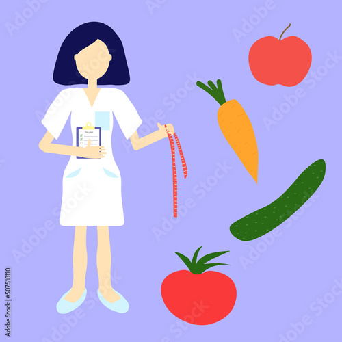 Vector illustration of a female doctor nutritionist, illustration in very peri color. fresh vegetable