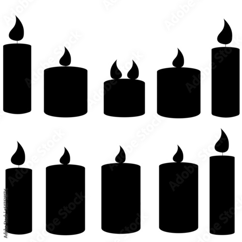 Silhouette of a set of candles. Burning cute wax and paraffin scented candles.Candles decor for home