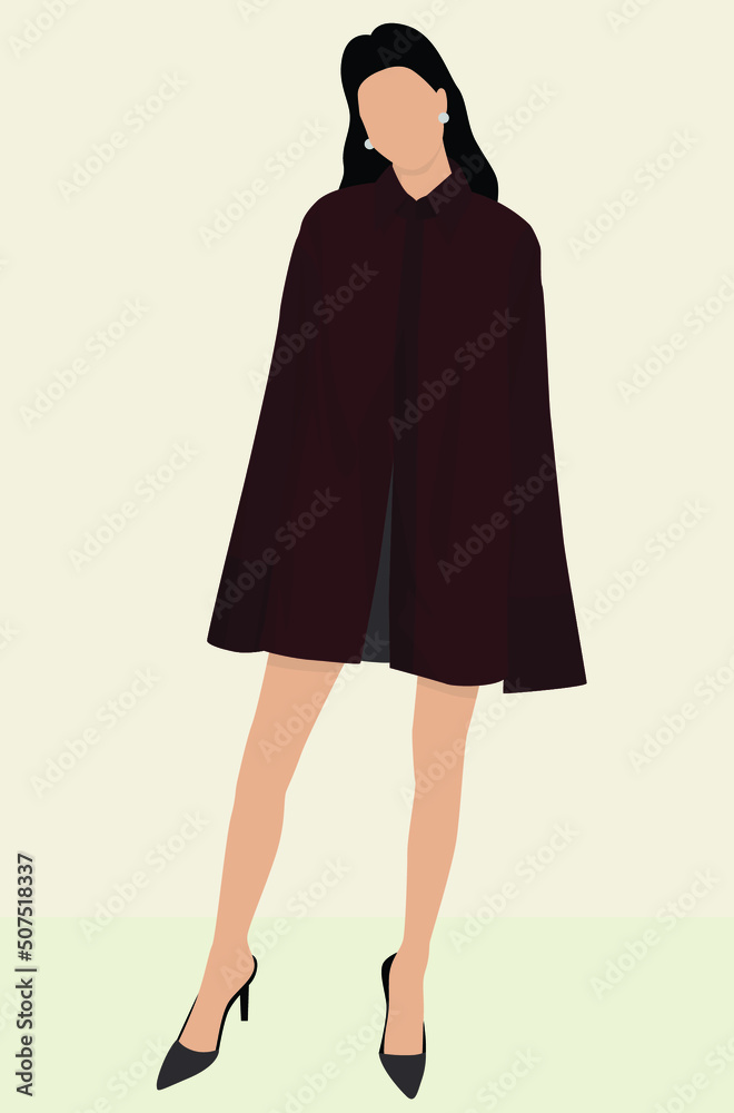 Vector flat image of a girl in a long burgundy shirt and skirt. Lady with dark hair in heels. Design for postcards, avatars, posts, backgrounds, templates, textiles, banners. Vector flat image of a girl in a long burgundy shirt and skirt. Lady with dark hair in heels. Design for postcards, avatars, posts, backgrounds, templates, textiles, banners.